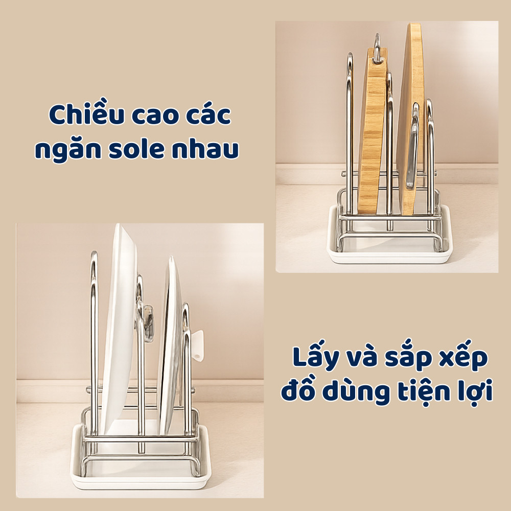 Kệ Để Dao Thớt Nắp Nồi HomeMate 3 Ngăn – Giá Cài Dao Inox Kèm Khay Thoát Nước, Gọn Gàng Nhà Bếp
