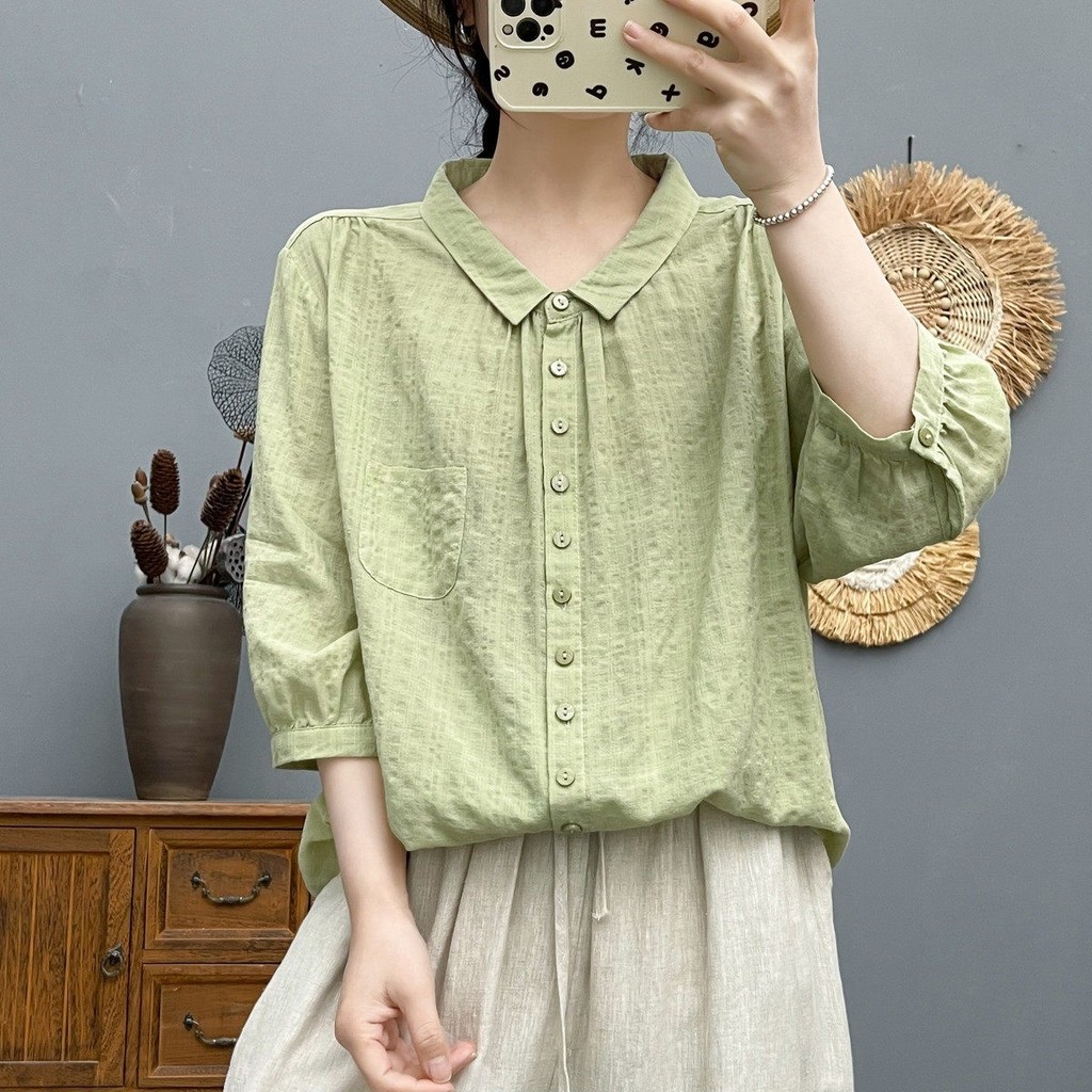 [Sẵn sàng] Áo sơ mi nữ 100% cotton chất lượng cao Áo sơ mi cotton bong bóng đơn giản mùa hè mới màu trơn Áo sơ mi ngắn tay đa năng
