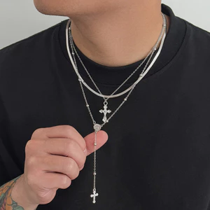 Vòng cổ chéo nhiều lớp Unisex Hip-Hop - Dây chuyền nhiều lớp màu bạc - Mặt dây chéo - Có thể điều chỉnh 51-60cm - Trang sức thời trang dạo phố phong cách Siwei