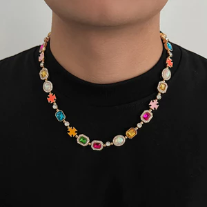 Vòng cổ Choker xếp hình đá quý đầy màu sắc Unisex - Kim cương dát Opal - Đóng cặn - Có thể điều chỉnh 51-60cm - Phong cách Hip Hop mạ vàng