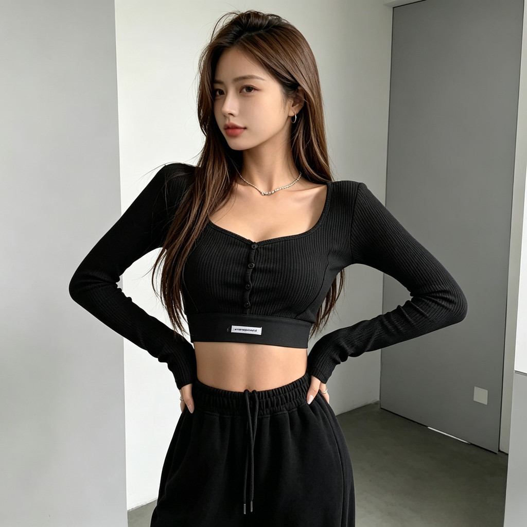 Milyfahion Màu Sắc Tương Phản Chắp Vá Webbing Ngắn Top Slim-fit Cổ Vuông Cắt Thấp T Áo Phông Cho Bé Dài Tay