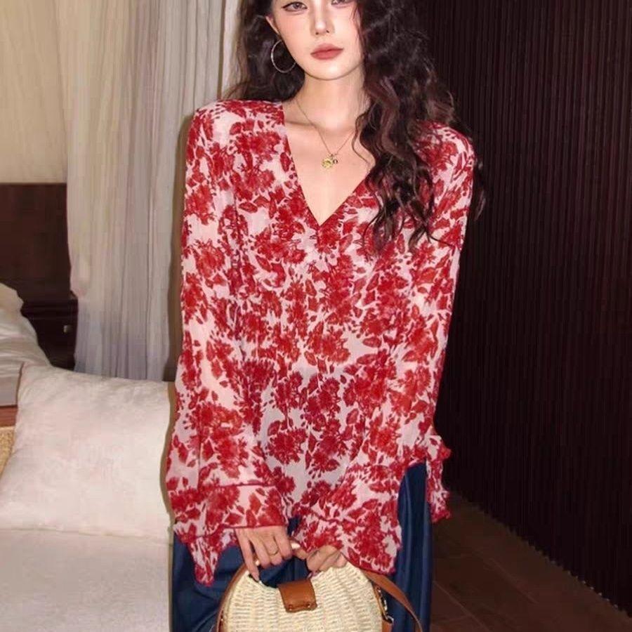 [Giảm giá trong thời gian có hạn] Áo sơ mi voan hoa cổ chữ V cổ điển dành cho nữ mùa xuân hè hẹp mỏng hơn trông đẹp hơn Kem chống nắng hàng đầu