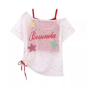 Ngọt Ngào Mát Dopamine In Hình Ngôi Sao Xù Vai Ngắn Tay Áo Thun Nữ Ngọt Ngào Hot Girl Ngắn Camisole Bộ Hai Mảnh 5.19