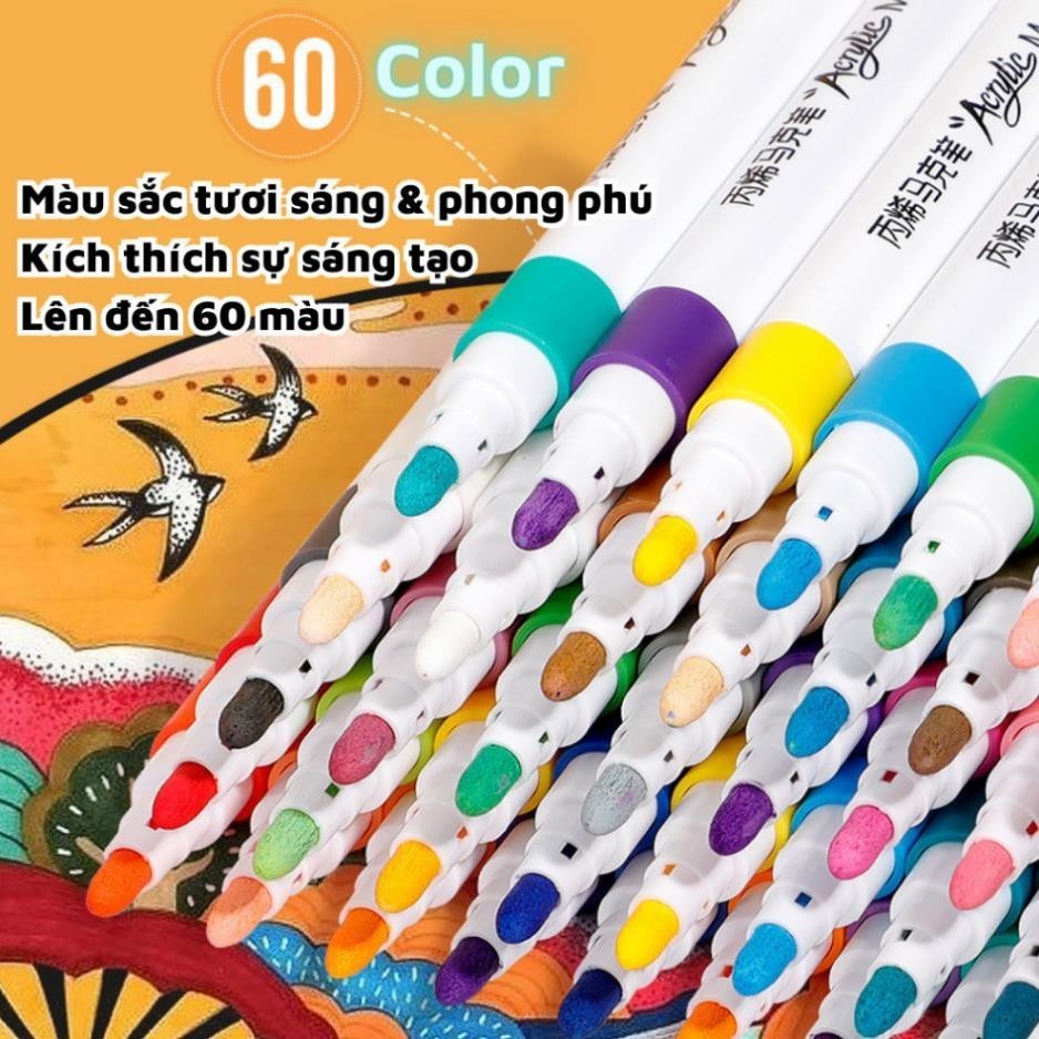 Bút màu acrylic marker 60 màu vẽ sơn chống nước bộ cọ vẽ trên mọi chất liệu bề mặt - Hộp bút màu 60 chi tiết