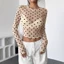 YUJUNI Nhìn xuyên thấu, Áo thun dài tay chấm bi thời trang, Vải mỏng cổ tròn gợi cảm Slim Fit Top mùa hè