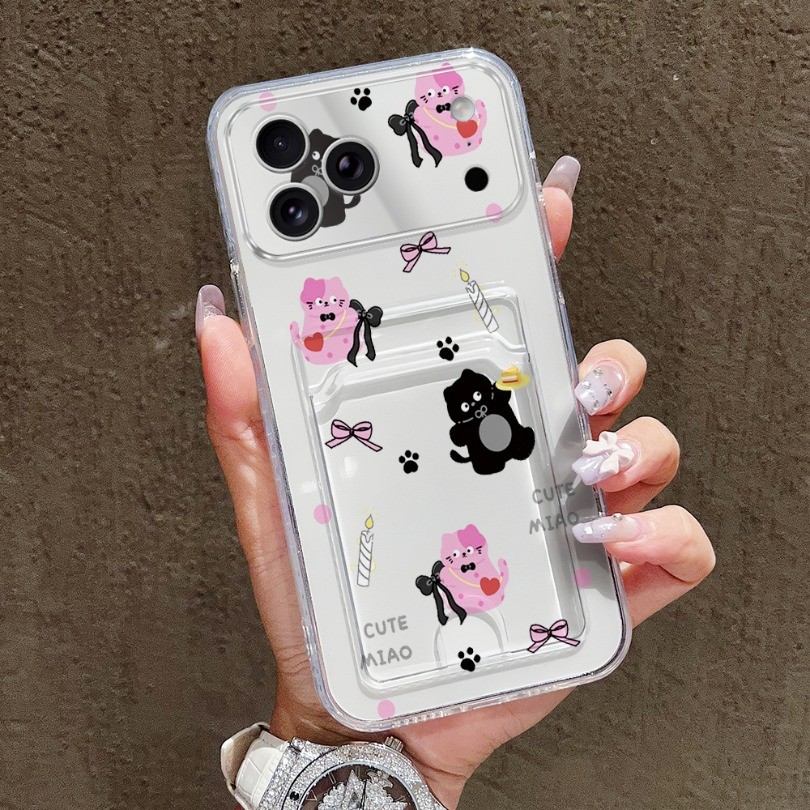 Ốp Khe Cắm Thẻ Trong Suốt Cho Xiaomi 15T 11T 14T 13T Pro Poco C40 C65 C75 C71 C61 C85 M5S Ốp Lưng Điện Thoại Miao Beach Mico Cat In Hình Bảo Vệ Cho Poco X6 X3NFC X7 M3 M6 M7 Pro