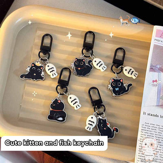 【Chamvn】Móc khóa mèo đen cá nhỏ mặt dây chuyền acrylic hai mặt túi hoạt hình dễ thương