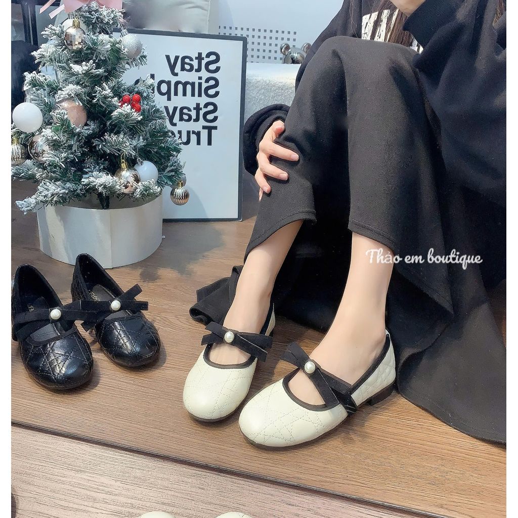 [Thảo Em - BB28] Giày búp bê nữ đế bệt da lì mềm quai nơ đính ngọc sang chảnh [QCCC]