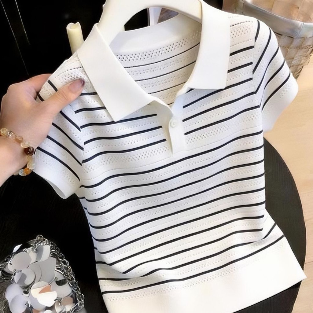 Nữ Mùa Hè Phong Cách Mới Nhất Ice Silk Pháp Sọc Cổ POLO Áo Len Tay Ngắn | Áo ve áo mỏng vừa vặn rỗng, dáng ôm hơn Tính khí phù hợp