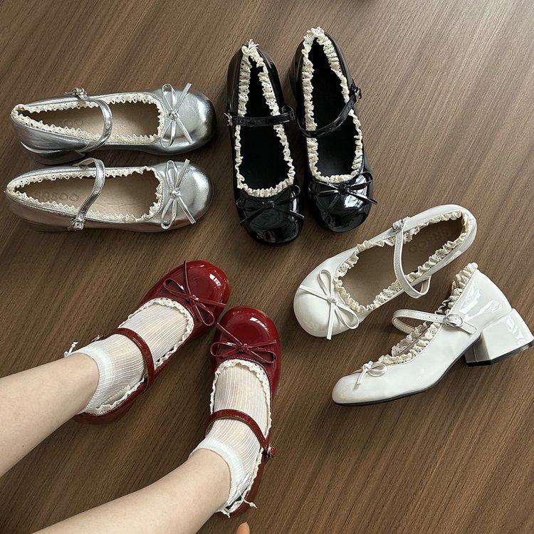 Giày Mary Jane Nữ Gót Cao 4.5cm Da Bóng Đính Nơ Êm Chân Style Ulzzang Hàn Quốc
