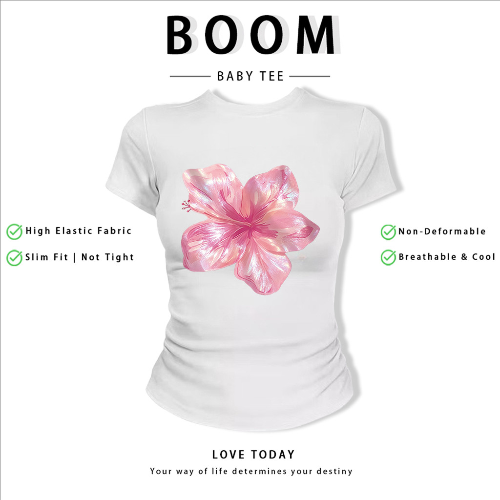 BOOM Áo Baby Tee Nữ Cotton Ôm Body-Áo Thun Ngắn Tay Y2K In Hình PhongCách Mùa Hè, Cổ Tròn Hàng Đầucách hàn quốc phongC46