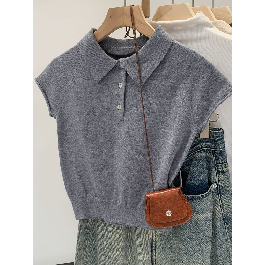 Mùa Hè Mới Nữ Crop Tops Nhẹ Nhàng Màu Trơn Cổ Polo Tay Ngắn Dệt Kim Áo Thun 260514