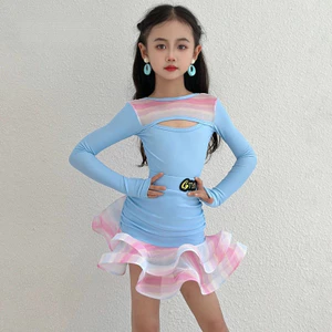 ✿ Trang phục khiêu vũ Latin tiêu chuẩn dành cho cuộc thi Trẻ em bé gái dài tay lưới Ruffle viền váy
