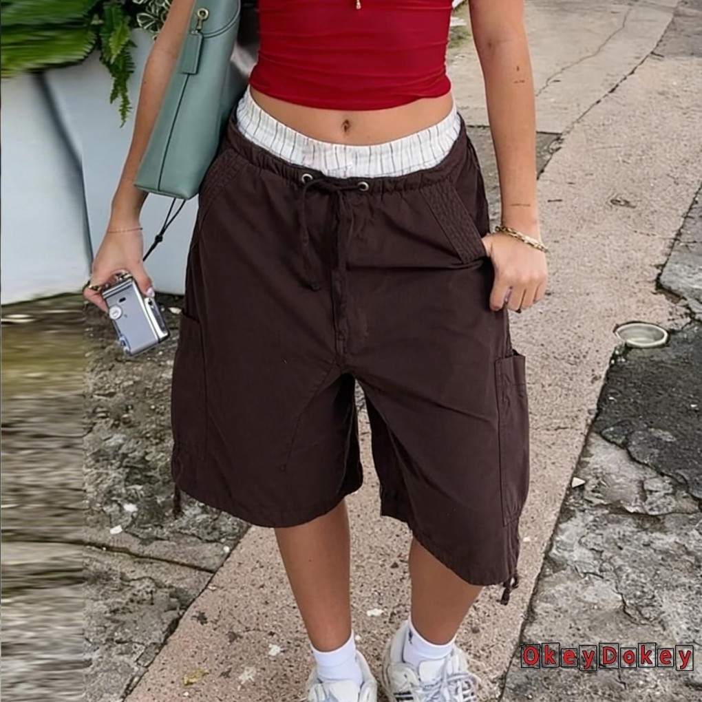 [OKDK] Quần Short Denim Thời Trang Nữ Màu Trơn Sáu Túi Dây Rút Thắt Lưng Co Giãn Quần Jean Quần Short Hàng Hóa Quá Khổ Mùa Hè