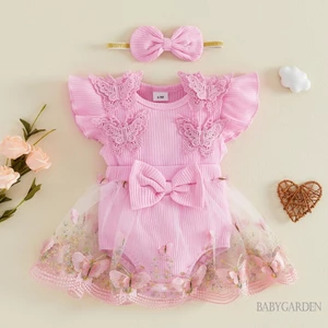 Bé Gái Bướm Thêu Cổ Tròn Bay Tay Áo Liền Quần Có Băng Đô