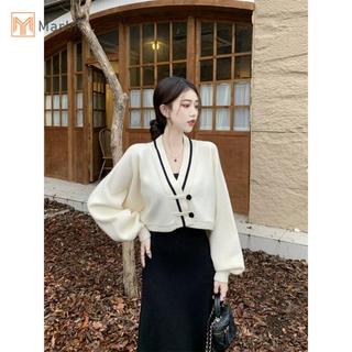 Cardigan len cổ màu sắc tương phản, thiết kế batwing tay, sang trọng mới