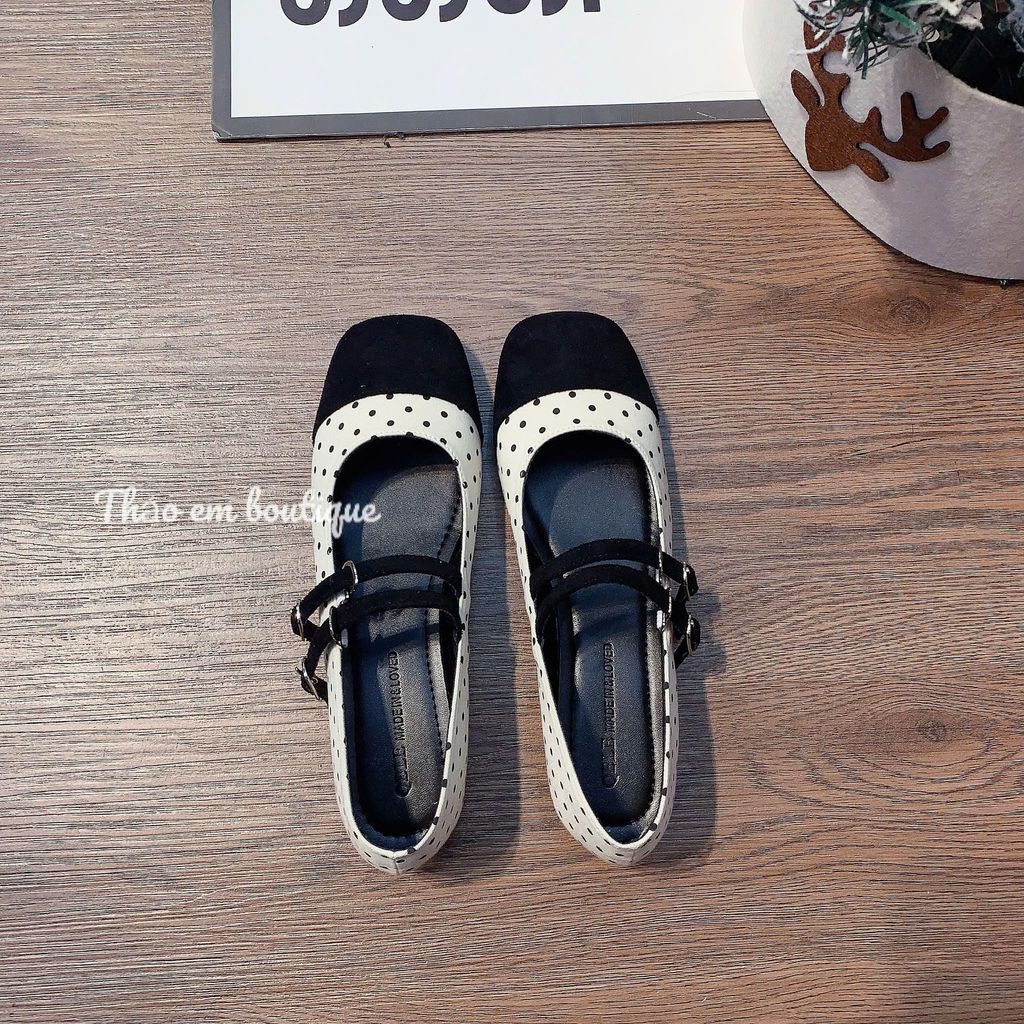 [Thảo Em - CBi50] Giày búp bê nữ đế bệt da lì mềm chấm bi, quai ngang phối khoá [sẵn hàng]