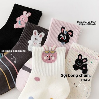 Tất hoạt hình cho bé gái – Cotton mềm thoáng khí, họa tiết thỏ dễ thương, mang đi học cực xinh