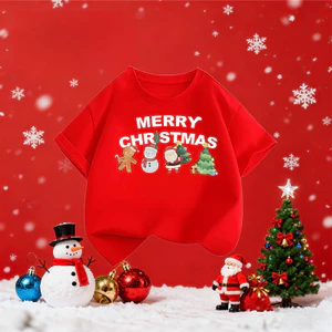 Áo thun Noel cổ tròn màu đỏ cho trẻ em #T32
