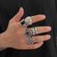Bộ nhẫn rỗng đá quý bạc cổ điển 5 mảnh dành cho nam - Black Onyx & Deer Head & Fleur-De-Lis & Twisted Design - Gothic Punk để mặc hàng ngày