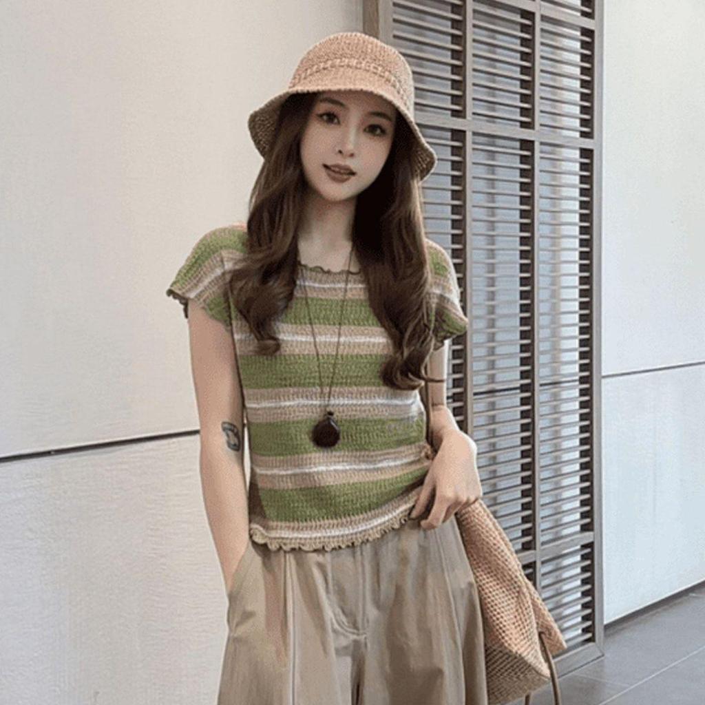 [Giảm giá 50%] Áo thun dệt kim viền nấm sọc xanh phong cách Hàn Quốc dành cho nữ Thiết kế mùa hè nhẹ thoáng khí Áo đẹp