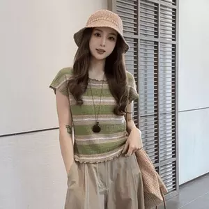 Áo thun dệt kim viền nấm sọc xanh phong cách Hàn Quốc dành cho nữ Thiết kế mùa hè nhẹ thoáng khí Áo đẹp