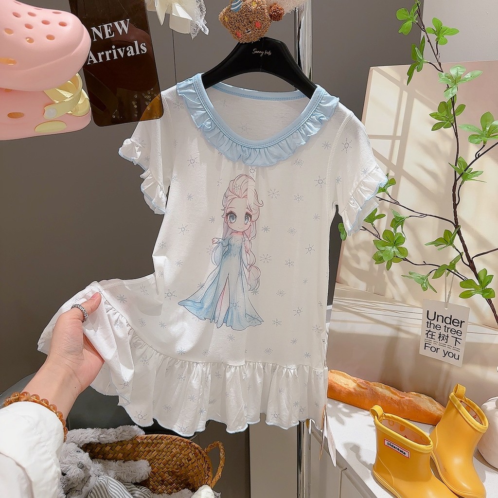 Hoạt Hình In Hình Bé Gái Váy Ngủ Modal Ren Mỏng Tay Ngắn Phong Cách Mùa Hè 80-160 Kích Thước 2WGN