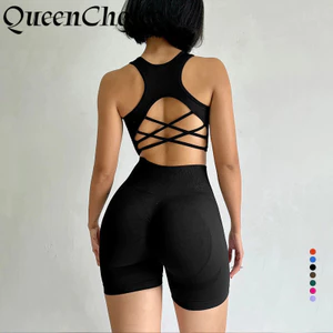 2 Cái / bộ Nữ Liền Mạch Yoga SportsWear Không Tay Lưng Tank Top Nhanh Khô Tập Luyện Chạy Bộ Thể Dục Quần Short Bộ