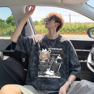 Áo thun ngắn tay Tie-Dye Nam Mùa hè 2026 dáng rộng hợp thời trang Dạo phố tay năm điểm cổ tròn nửa tay