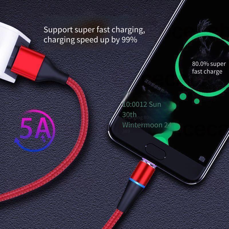 Cáp dữ liệu sạc nhanh 3 trong 1 5A có phích cắm Type-C / Micro / IOS 360° Cáp dữ liệu sạc từ tính có thể xoay Cáp dữ liệu sạc đèn LED dệt