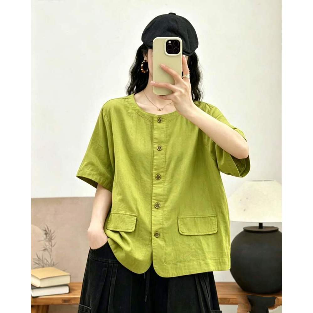 Áo Sơ Mi Nữ Cổ Đứng Tay Ngắn Màu Trơn Sợi Cotton Cao Cấp Túi Lớn