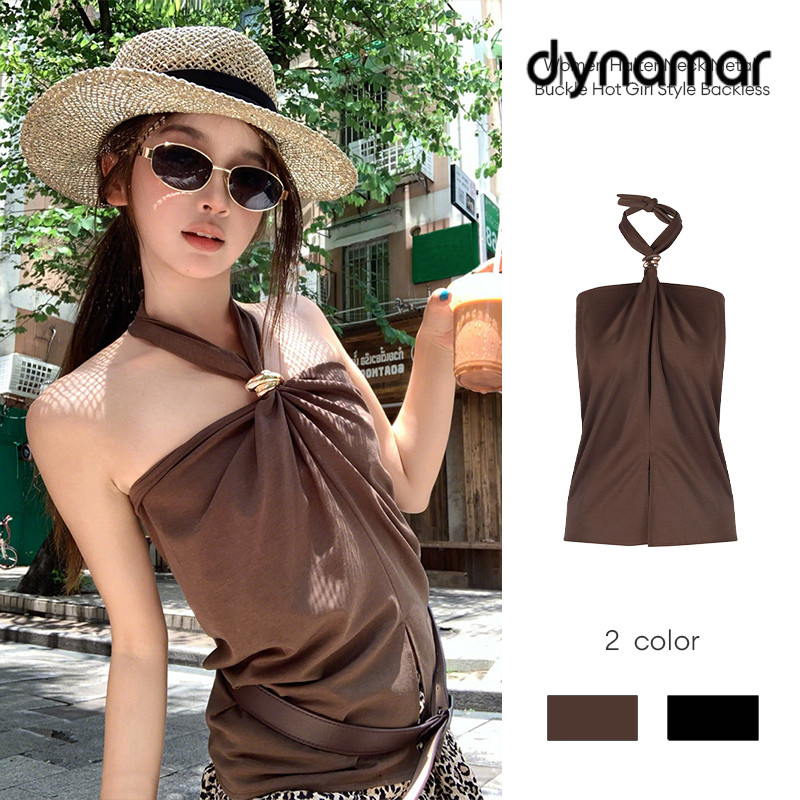 【dynamar】Áo crop top hở lưng, dây đeo và khóa kim loại dành cho nữ. Áo crop top dây quai mảnh, hở lưng mùa hè