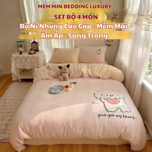 Bộ nỉ nhung 4 món Memminbedding Luxury, họa tiết sắc nét, sang trọng, không bám lông, mềm mịn, ấm áp