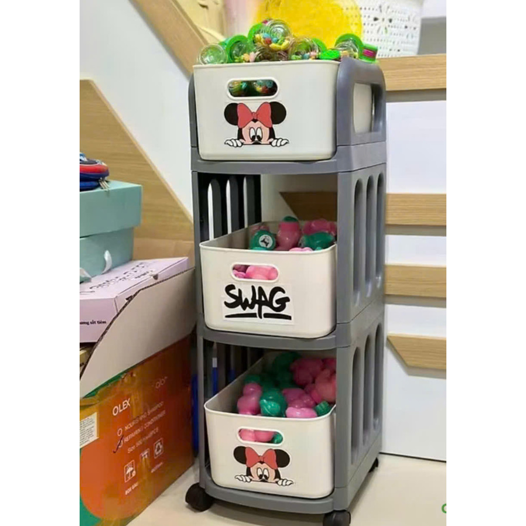Tủ nhựa hình chuột Mickey Linoi 2/3 tầng có bánh xe, kệ giá đựng sách vở, đồ dùng học tập cho bé đa năng
