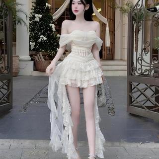 ￼Đầm Váy Tơ Trễ Vai Cúp Ngực Phối Chân Váy Ren Tua Rua Nhiều Tầng Phong Cách Tiểu Thư Sexy Sang Chảnh Ld Strore Fashion