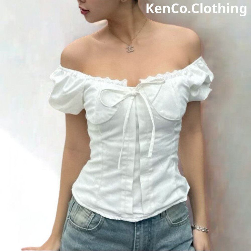 Áo babydoll nữ kiểu Linen tay phồng nơ ngực công chúa phong cách  M380