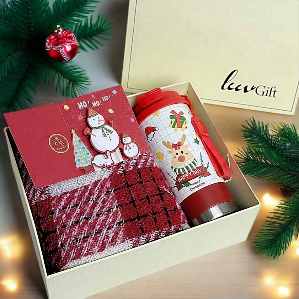 Quà tặng Noel Cốc giữ nhiệt Giáng sinh, Khăn và thiệp đỏ