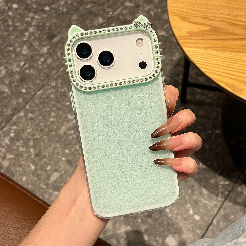 Ốp điện thoại Acrylic tai mèo kim cương lấp lánh 2 trong 1 cho iPhone 17 Pro Max 17 Air 16 Plus 15 14 13 12 11 Vỏ bảo vệ chống sốc