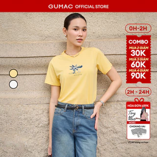 Áo thun nữ GUMAC cổ tròn in dập nhũ màu vàng - trắng vải cotton thoáng mát  ATF04038