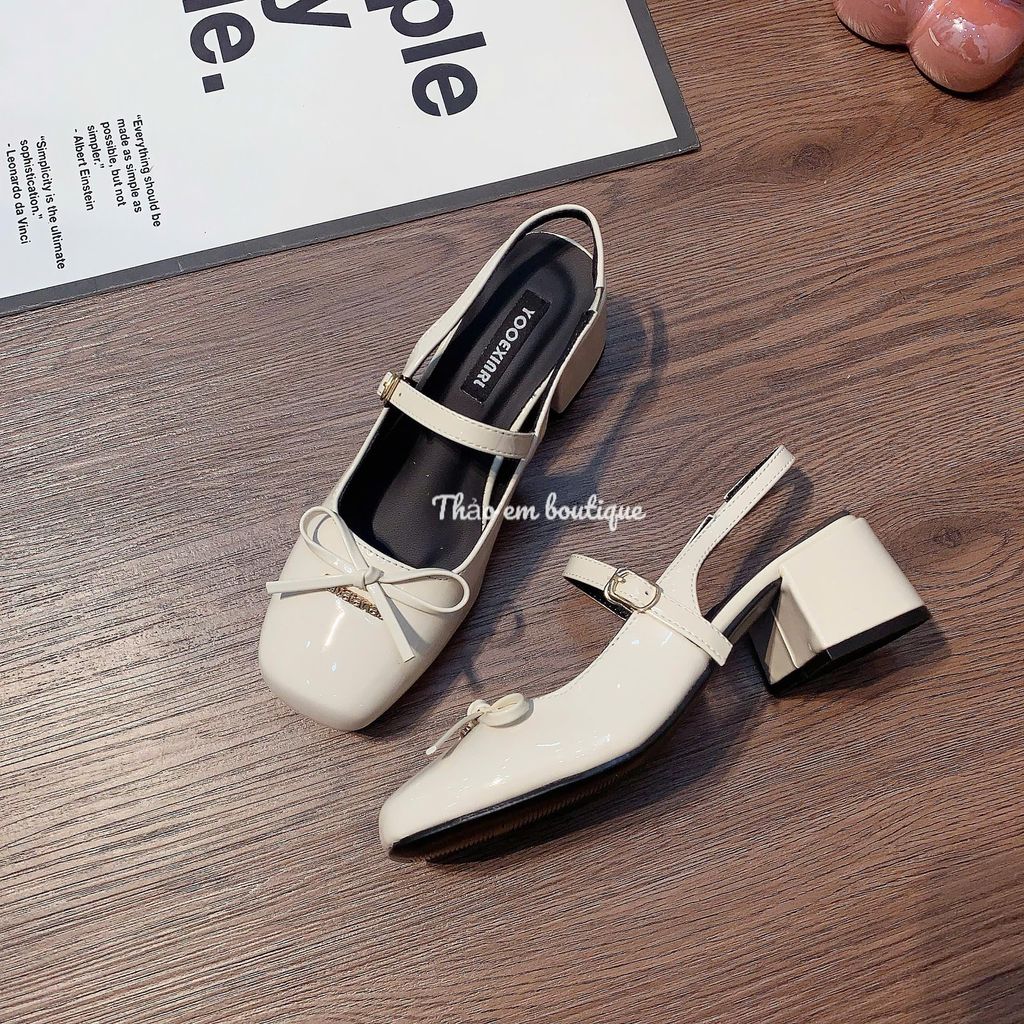 [Thảo Em - SHV809] Giày sục Nữ hở gót mũi vuông  da bóng phối nơ gót vuông đế 3-4p (Có Sẵn)