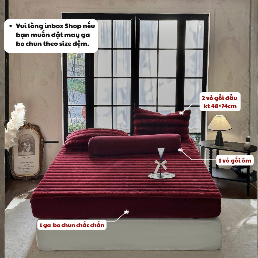 (GG398) Set ga gối nỉ nhung vân lông Memminbedding Luxury giữ ấm tốt, chất liệu mềm mịn, ấm áp, không bám lông
