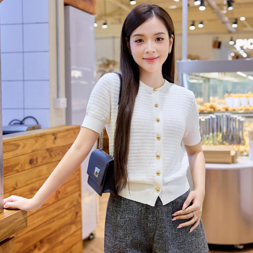 Áo Cardigan ngắn tay cổ tròn Cotton Dệt ngang PL07 MỊN VN form dáng vừa vặn
