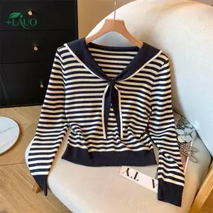 Springevenstar Cổ Hải Quân Dài Tay Sọc Preppy Phong Cách Áo Thun Nữ Chữ V Cổ Dệt Kim Áo Springevenstar