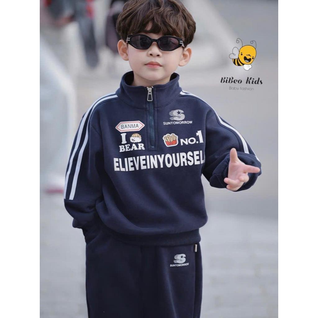 [BiBeo Kids] Bộ quần áo NỈ CỔ ĐỨNG KÉO KHÓA NO.1 cho bé trai , Bộ quần áo NỈ 2 DA mềm thoải mái cho bé