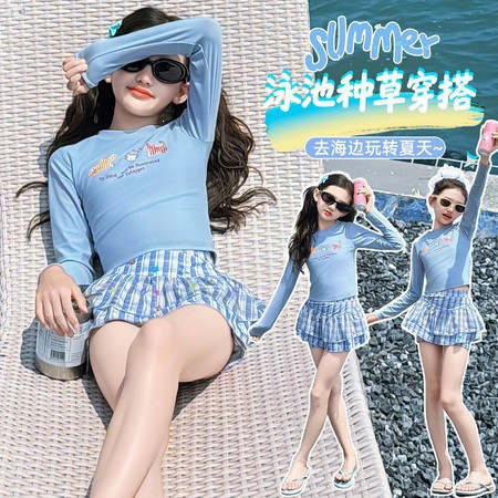 Đồ bơi in hình hoạt hình bé gái Mùa hè 2026 Phong cách mới cho trẻ em Áo dài tay + Quần short Đồ bơi