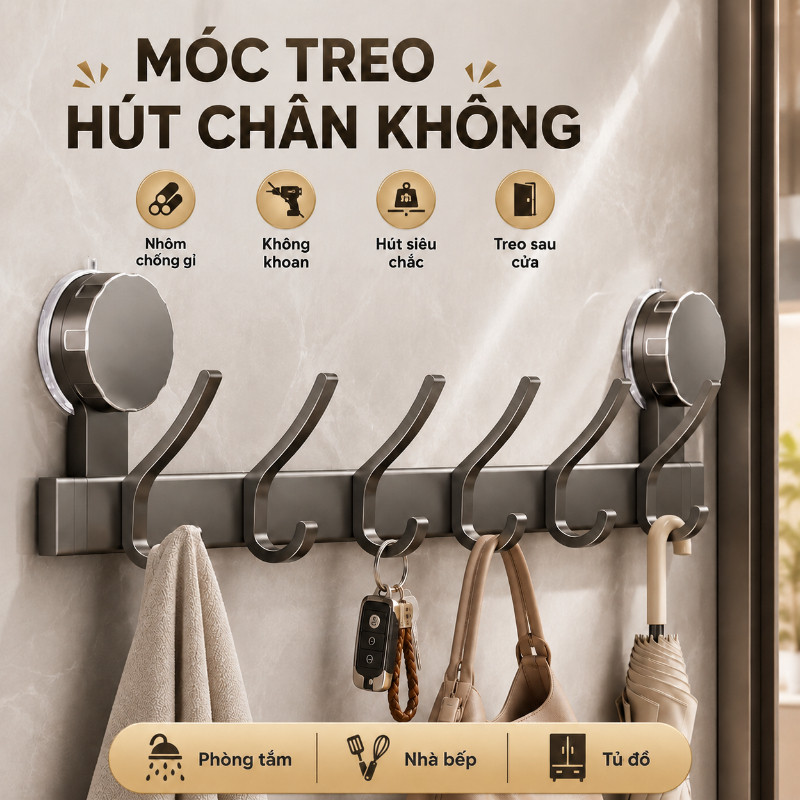 Móc Treo Quần áo Hút Chân Không, Nhôm Chống Gỉ, Không Khoan, Hút Siêu Chắc, Treo Sau Cửa, Phòng Tắm, Nhà Bếp, Tủ đồ