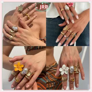JRP Mạ Vàng Có Thể Điều Chỉnh Hoa Ngọc Trai Vintage Bộ Nhẫn Nữ Mở Ngón Tay Sang Trọng Trang Sức Cho Trường Học Và Du Lịch Mặc JRP