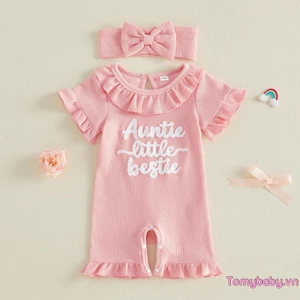 Bộ áo liền quần ngắn tay in chữ cho bé gái kèm băng đô