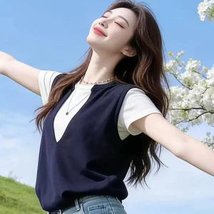Áo thun cổ tròn ngắn tay thời trang VN Ti, thiết kế khâu hai màu, Phong cách mới mùa hè, Size lớn, dáng rộng vừa vặn, dáng ôm hơn, Thời trang 2026
