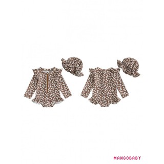 MG-Girls Bộ Đồ Tắm 2 Mảnh Trang Phục Cổ Tròn In Hoa Tay Dài Dây Kéo Đồ Bơi + Mũ Bơi Bộ Đồ Đi Biển Cho Bé Tập Đi